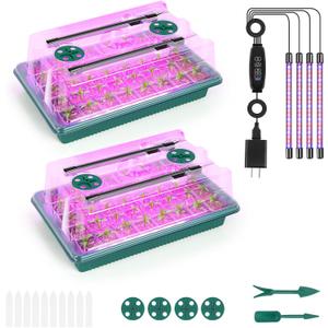 Sunexinlo Seed Starter Tray with Grow Light, 2 Pack 80 Cells Seedling Tray Kit with Humidity Hood and Drainage Hole, Adjustable Light & Timing, Perfect for Indoor Seed Cultivation