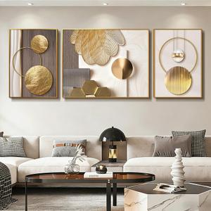 Azartslr Large Framed Modern Rose Gold Wall Art, Luxury 3 Pieces Aluminum Alloy Wall Decor for Living Room, Abstract Gold and Beige Home Bedroom Art Painting, Geometric Crystal Porcelain Artwork Dining Room Pictures Decoration