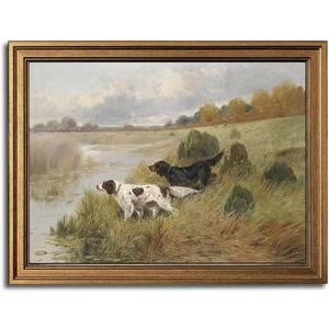MakeRight Gold Framed Wall Art Vintage Wall Decor Hunting Dogs Canvas Art Landscape Pictures Rustic Paintings Countryside Artwork Farmhouse Prints For Kitchen Bedroom Living Room, 16x24 In