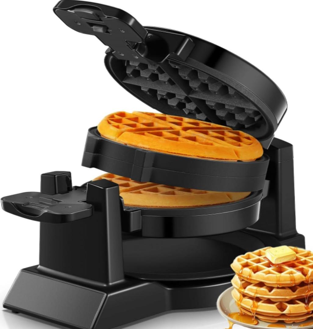 FOHERE Double Waffle Maker, 1400W Rotating Belgian Waffle Iron with Nonstick Plates, 180 Flip, 8 Slices, Removable Drip Tray for Easy Cleaning, Locking Lid, Cool Touch Handle, Space Saving (Black)