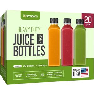 DECADORN 12oz 20pcs Juice Bottles With Caps - MADE IN USA Juice Containers With Lids For Fridge - Juicer Bottles With Tamper Evident Caps, Shatterproof, BPA-Free, Leak proof, Disposable & Recyclable