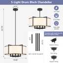 19.6'' Black Drum Chandelier 5-Light Modern White Fabric Chandeliers for Dining Room Adjustable Farmhouse Pendant Light Fixture for Kitchen Island Living Room Bedroom