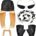 Kyson Wrestler Costume Accessories Set 5 Pcs Wig with Bandana Boa Sunglasses Gloves Fake Beard Halloween Wrestling Party