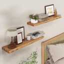 Axeman 32 inch Floating Shelves for Wall - 8'' D Live Edge Rustic Solid Elm Wood Floating Shelves Wall Mounted, Wall Shelves with Invisible Bracket for Living Room Bedroom Kitchen, Set of 2 Natural, 32 inches - 2P