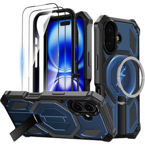 for iPhone 16 Magnetic Case with Stand & Screen Protector [Compatible with MagSafe] Non Slip Full Body Double Layer Heavy Duty Military Grade Shockproof Protection Cover, Blue