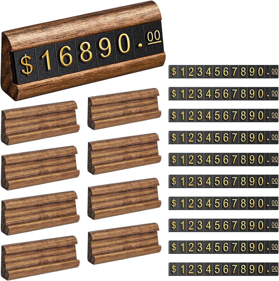 10 Sets Price Tag Cube, Price Display Stand, Number Letter Dollar Label Wood Base Price Display for Retail Shop Counter