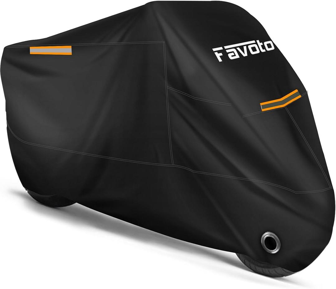 Favoto Motorcycle Cover All Season Universal Weather Quality Waterproof Sun Outdoor Protection Night Reflective with Lock-Holes & Storage Bag Fits up to 96.5" Motorcycles Vehicle Cover (Black)