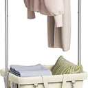 ELYKEN Laundry Cart with Hanging Rack, Rolling Laundry Hamper with Wheels, Laundry Basket with Removable Liner Bag and Shelf, Sturdy Metal Frame Dirty Clothes Basket for Hotel, Home, Closet, Dorm (Silver+Cream)
