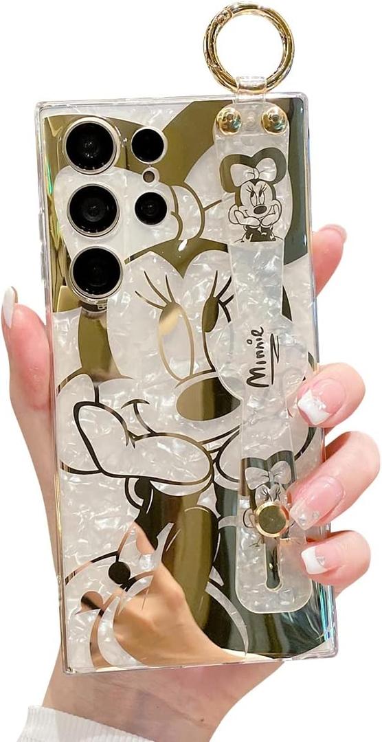 for Samsung Galaxy S23 Ultra Case 6.8" Sparkle Bling with Strap Stand Cute Pattern IMD Plating Design Silicone Shockproof Protective Glitter Cases Cover for Girls and Women - Minnie