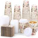 60 Pack Vintage Floral Coffee Cup with Lids Sleeves, 12oz Spring Insulated To Go Coffee Cup Tea Party Cups Disposable Wildflower Paper Cups for Mother's Day Wedding Birthday Baby Shower Party Supplies