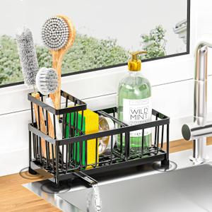Black Sponge Holder for Kitchen Sink, Self-Draining Kitchen Sink Organizer with High Brush and Dishcloth Holder,304 Stainless Steel, Rustproof, Soap Caddy Dispenser for Countertop