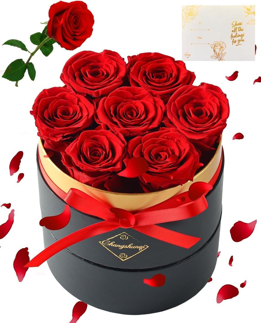 Forever Flowers Preserved Roses in a Box - 7 Preserved Flowers in a Box Last 2-3 Years, Rose Forever Birthday Flower Gifts for Women Her Wife Anniversary Mothers Rose Gift for Her