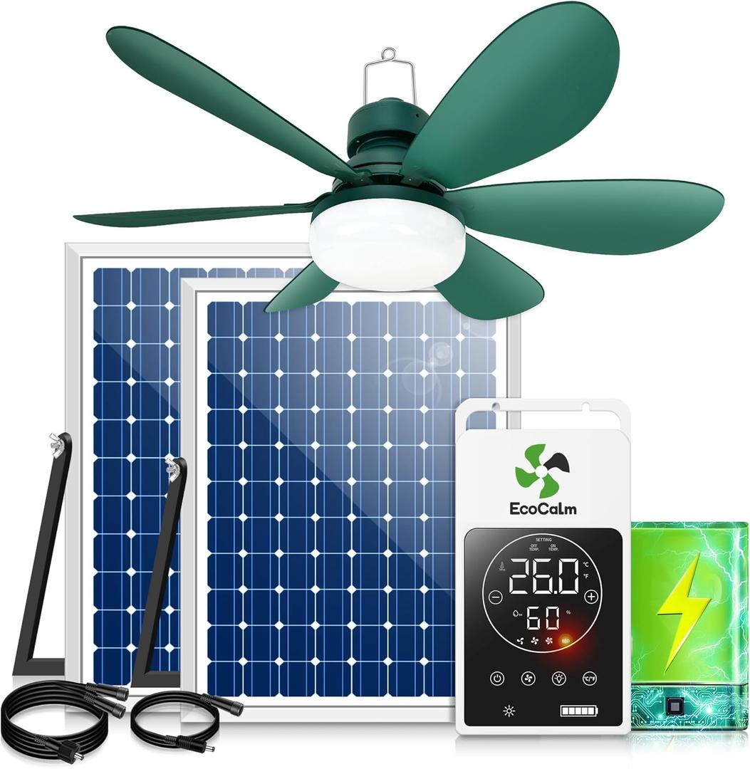 Solar Ceiling Fan Light with Smart Thermostat Mode for Outside | 20" Solar Powered Canopy Fan, 2PCS Bifacial Panels, for Gazebo, Patio, Greenhouse, Chicken Coop, Adjustable Temp Control