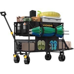 VIVOHOME 400L Large Capacity Double Decker Collapsible Wagon 500lbs Heavy Duty Utility Folding Cart with Big Wheels 53" Extended for Camping, Sports (Black)