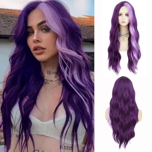 Dai Cloud Long Curly Wavy Dark Purple Wigs for Women Light Purple Highlight Hair Synthetic Natural Middle Part Daily Party Halloween Cosplay Wig with Wig Cap