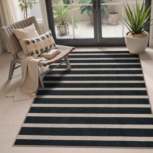 Lahome Striped Easy Jute 3x5 Outdoor Patio Rug, Washable Rugs for Entryway Geometric Indoor Outdoor Living Room Carpet, Farmhouse Neutral Non Slip Black Carpet for Backyard Bedroom Porch