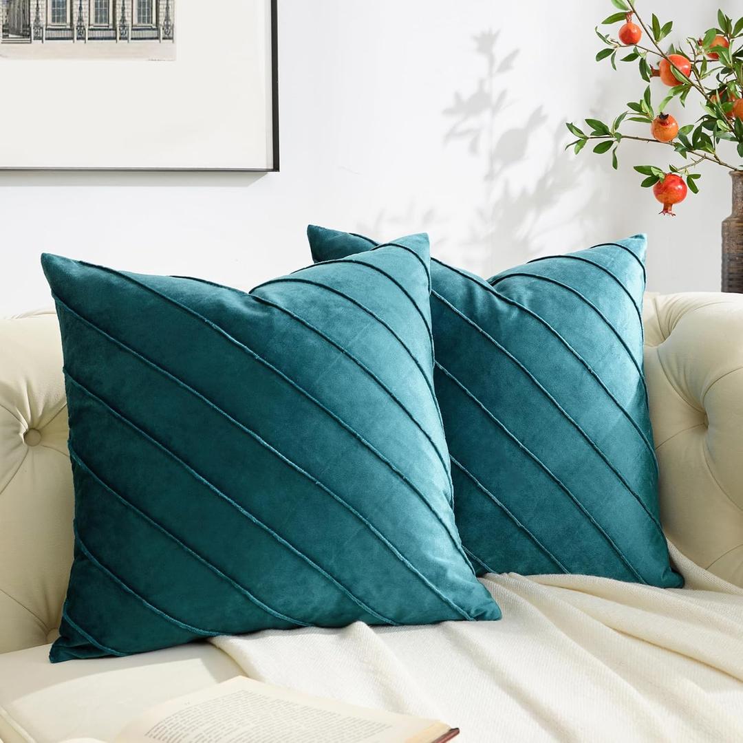 GIGIZAZA Decorative Velvet Pillow Covers 16x16, Set of 2 Teal Green Sofa Couch Throw Pillows Covers Cases, Living Room Square Cushion Accent Stripe Covers