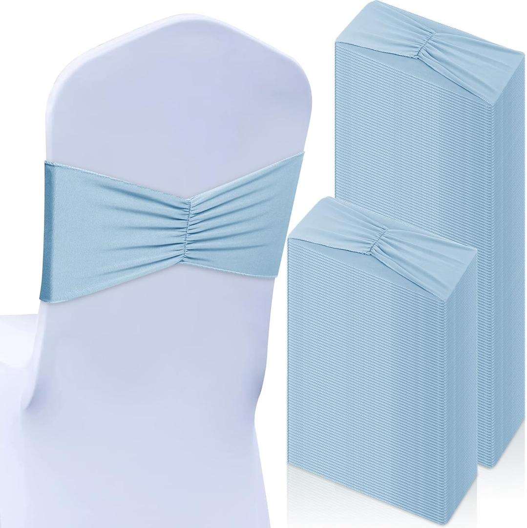 Moukeren 100 Pcs Spandex Chair Sashes Bows Bands Slider Sashes for Chair Covers Elastic Bands Ties Ribbon Decorations for Wedding Party Events Ceremony Birthday Banquet(Sky Blue)