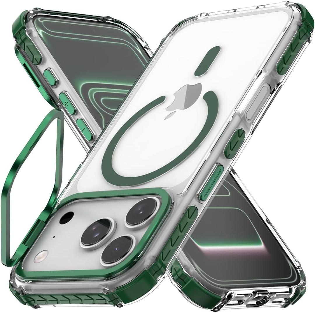 Nvollnoe for iPhone 17 Pro Case Compatible with MagSafe Military Grade Shockproof Heavy Duty Protective Adjustable Kickstand Ultra Clear Magnetic Phone Case for iPhone 17 Pro(Green)