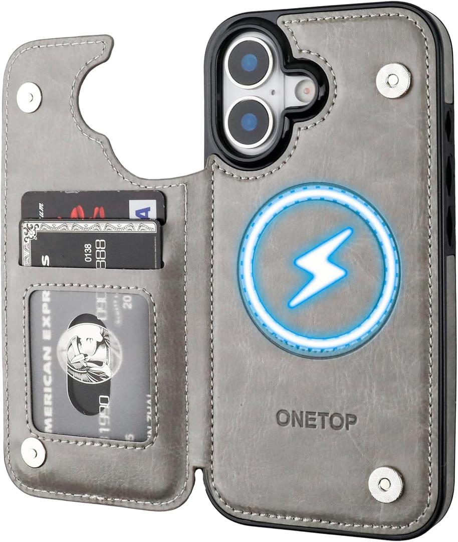 ONETOP Compatible with Magsafe for iPhone 17 Wallet Case with Card Holder, PU Leather Kickstand RFID Blocking Case, Double Magnetic Clasp and Durable Shockproof Cover 6.3 Inch (Grey)