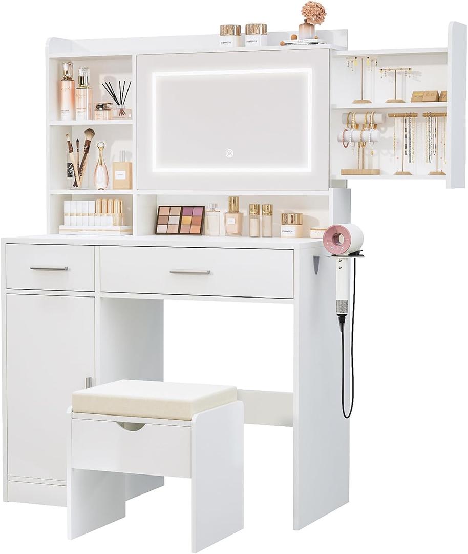 Vanity Desk with Mirror and Lights, with Hidden Shelves,4 Compartments,2 Drawers,Cabinet & Stool,Dimmable LED Lights,Power Outlets, Ideal for Bedroom Vanity Organization(White)