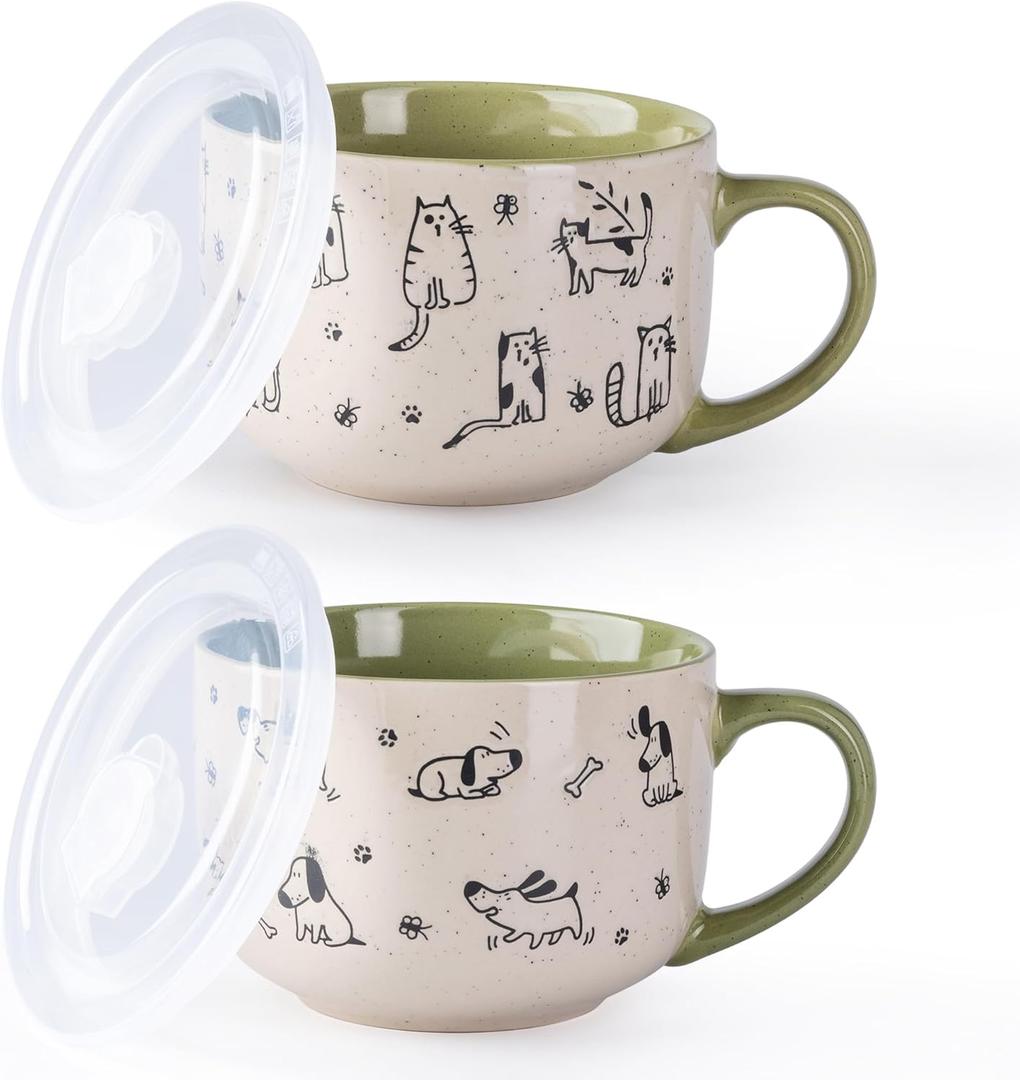 AmorArc 32 Ounces Ceramic Soup Mugs with Lids and Handle, Stoneware Bowls Cup Set of 2 for Soup, Stew, Noodle, Beautiful Mug Bowls With Lovely Dog,Cat Patterns, Microwave&Dishwasher Safe, Olive