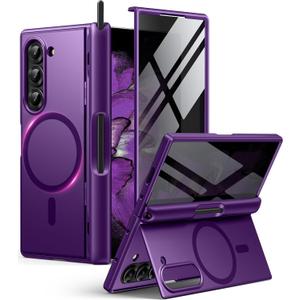 BERFY Magnetic for Samsung Galaxy Z Fold 6 Case with Privacy Screen Protector, [Compatible with MagSafe][Anti Spy] Built-in S Pen Holder & Kickstand, Full-Body Shockproof Case for Z Fold 6, Purple