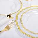 Hioasis 350pcs Clear Gold Plastic Plates - Gold Plastic Dinnerware Set Includes 50 Dinner Plates, 50 Dessert Dinnerware, 50 Cups, 50 Rolled Napkin Cutlery Perfect for Wedding & Party