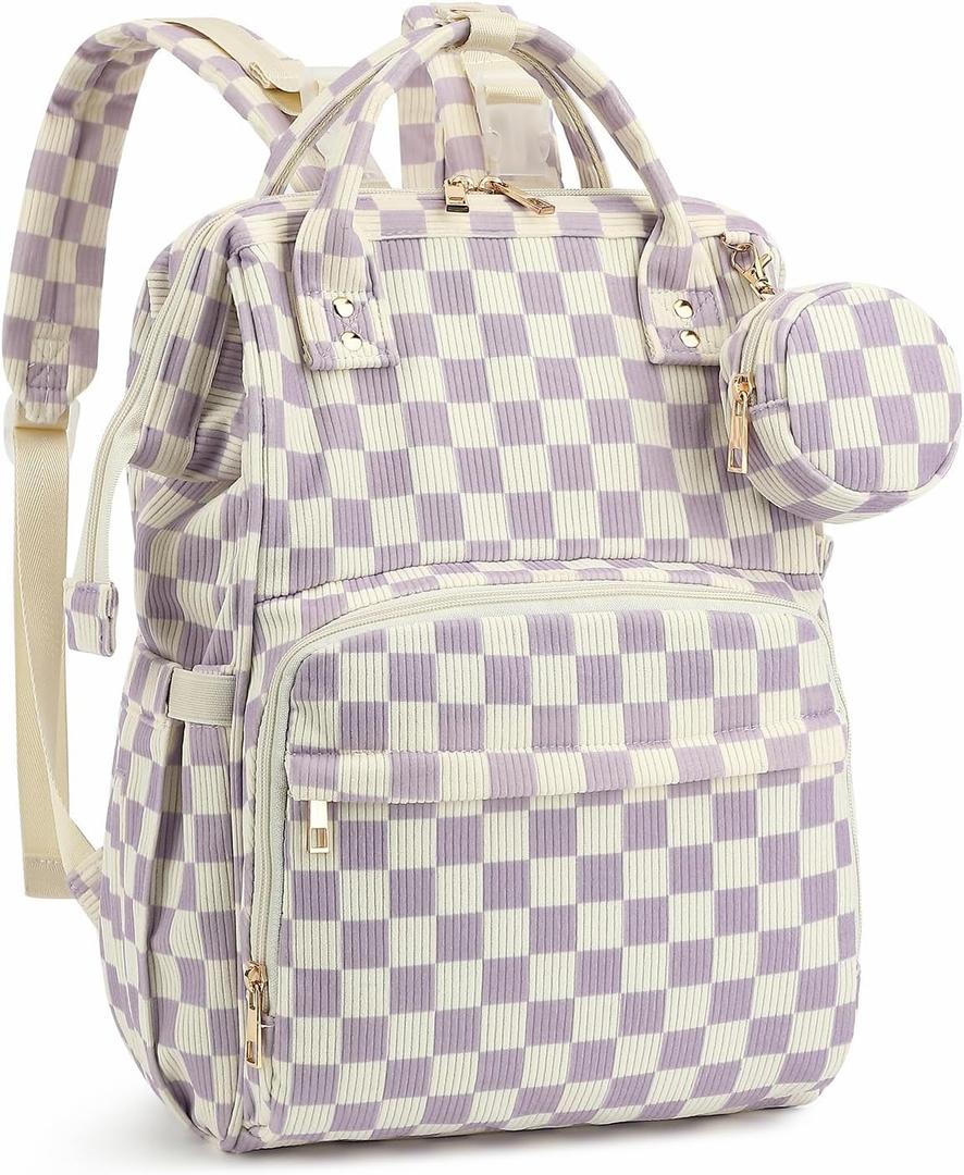 Corduroy Diaper Bag Backpack, Large Capacity Multifunction Baby Diaper Bags for Women, Insulated Bottle Pockets & Pacifier Case, Stylish Travel Nappy Changing Bags for Mom Dad (Checkered Purple)