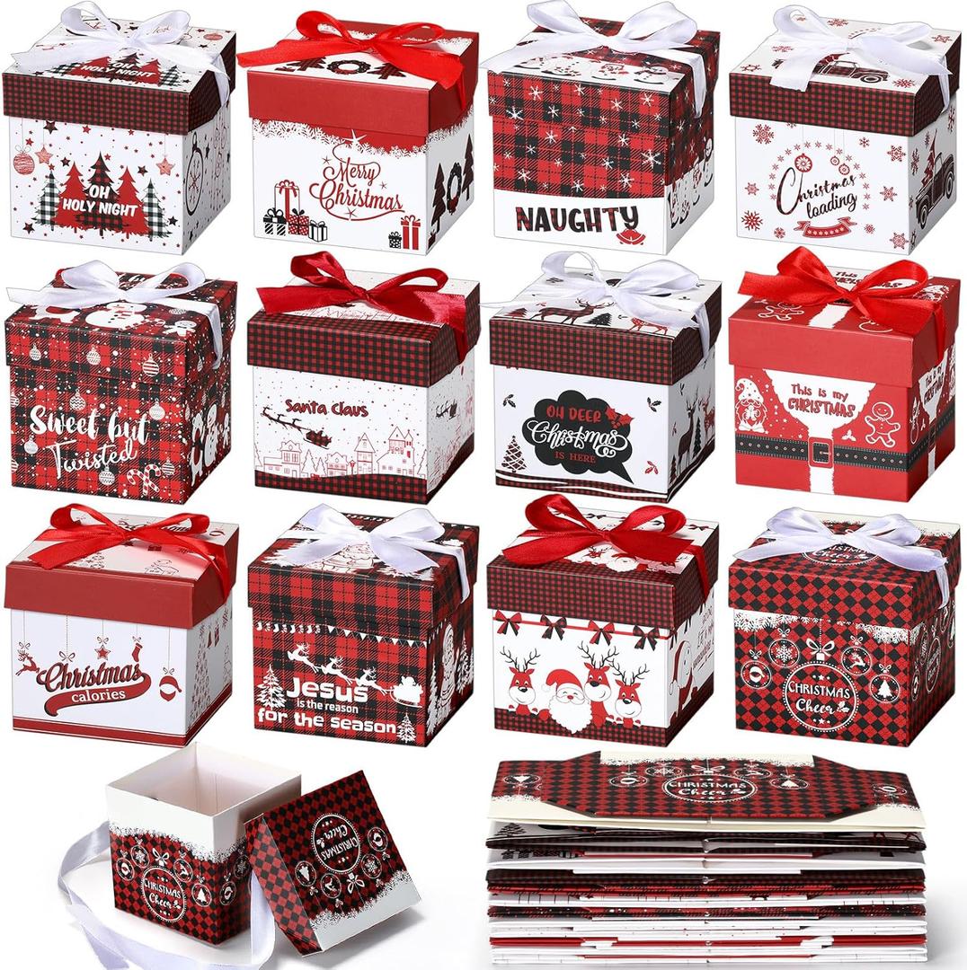 Cholemy 60 Pieces Christmas Gift Boxes with Lids Small Squared Boxes with Ribbon Xmas 4x4x4 Boxes Holiday Bow Box Gift Wrap Boxes for Christmas Party Favor Present, 12 Designs(Red Style)