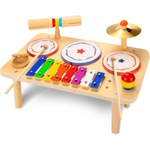 WINGYZ Baby Drum Set  9-in-1 Wooden Musical Instruments for Toddlers 1-3, Montessori Music Toys with Xylophone, Drum, Cymbal & Tone Block, Early Learning Gift for Boys and Girls