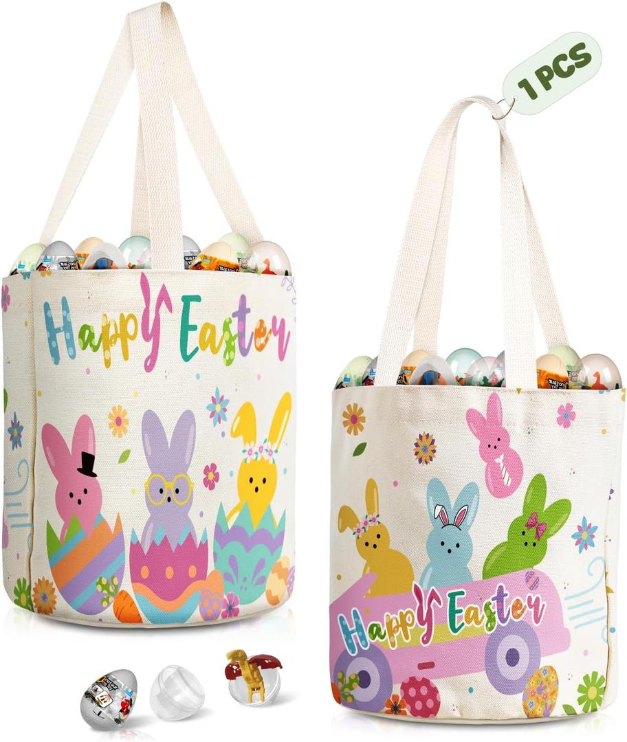 Easter Tote Bags for Kids - Large Easter Canvas Basket with Handles for Egg Hunting Parties, Bunny Design, 1 pc