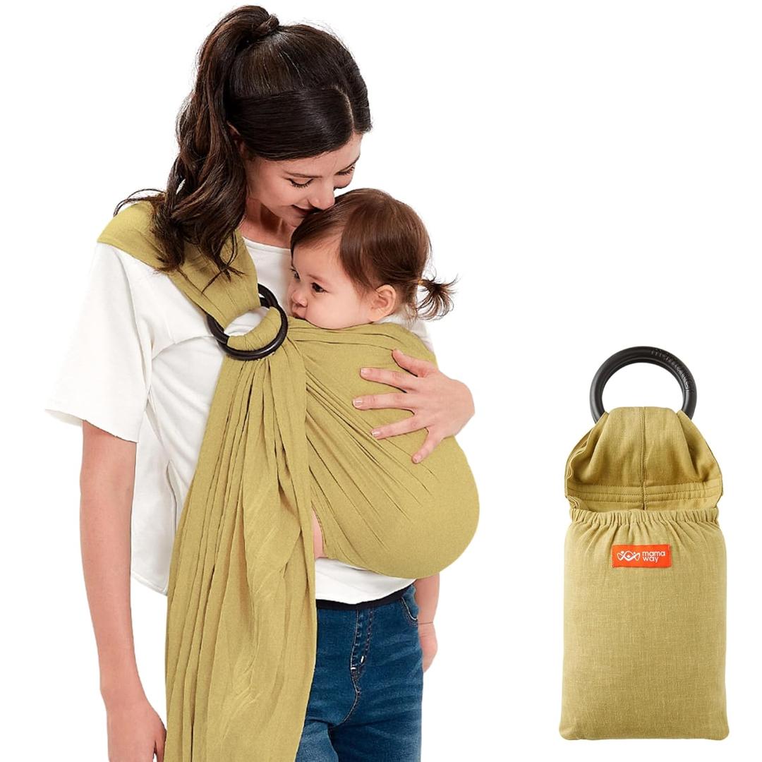 Mamaway Baby Ring Sling Carrier - Newborn and Toddler Sling (Supports up to 154lbs), IHDI Certified, Rayon & Linen Made, Soft & Breathable, Nylon 66 Safety Rings, Storage Pocket Design, Olive