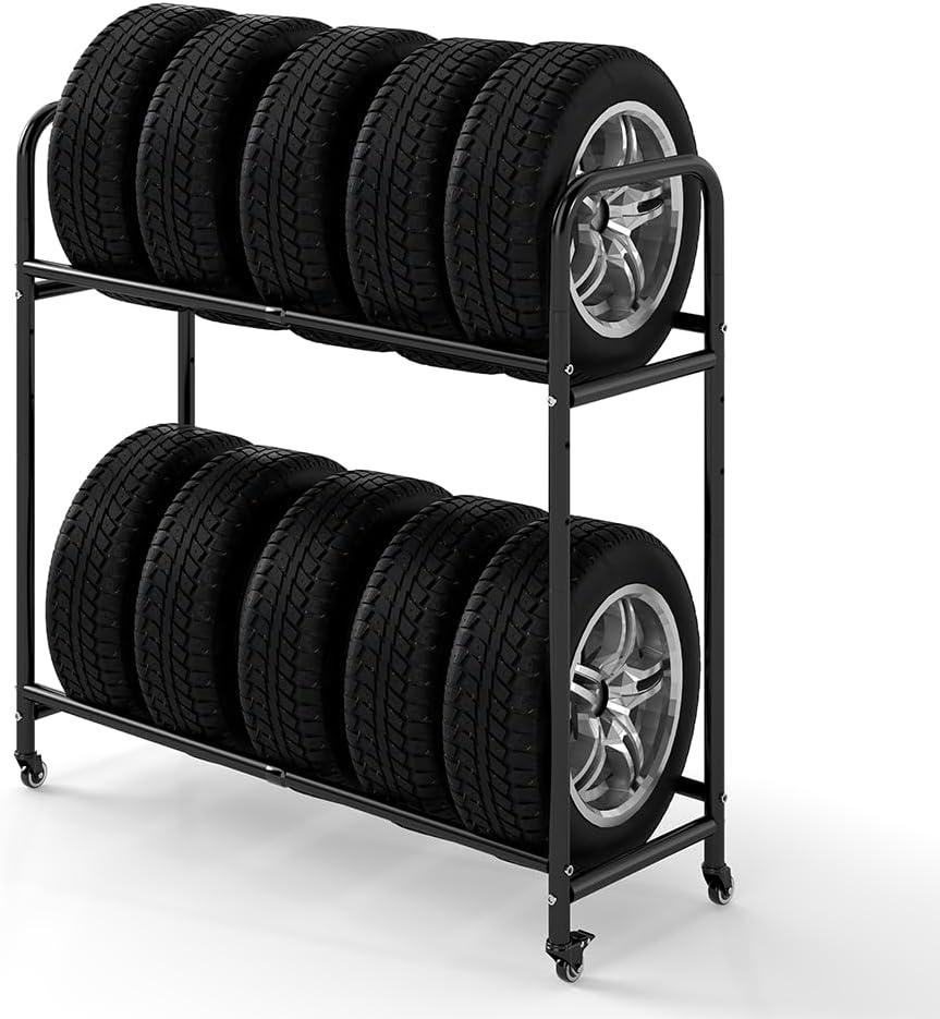 Hershii Rolling Tire Storage Rack Adjustable - Black, Tire Storage Shelf for Garage 24.80-42.51'' x 15.35'' x 44.09'', All Black