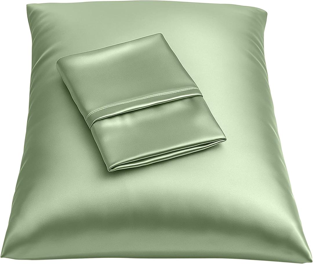 BLISSFORD Satin Pillowcase with Zipper, for Hair and Skin Care, Feels Soft and Cool Like a Silk Pillowcase, Satin Pillow Cases 2 Pack, Slik Pillow Cover, Sage Green -King Size -Set of 2, 37"L x 21"W