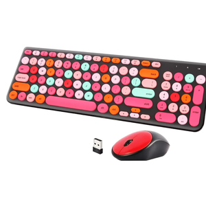 Wireless Keyboard and Mouse Combo, Retro Typewriter Keyboard with Round Keycaps, 2.4GHz USB Cute Wireless Keyboard Mouse for Computer, Desktop, Laptop and Computer (Black-Colorful)