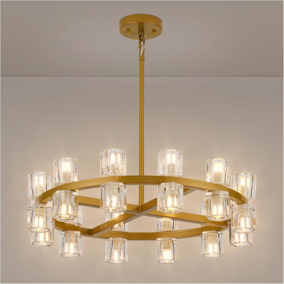 MeiYDeng 24 Inch Gold Crystal Wagon Wheel Chandelier, Modern Farmhouse Round 24-Lights Pendant Lighting Fixture, for High Ceilings Living Room, Bedroom, Foyer