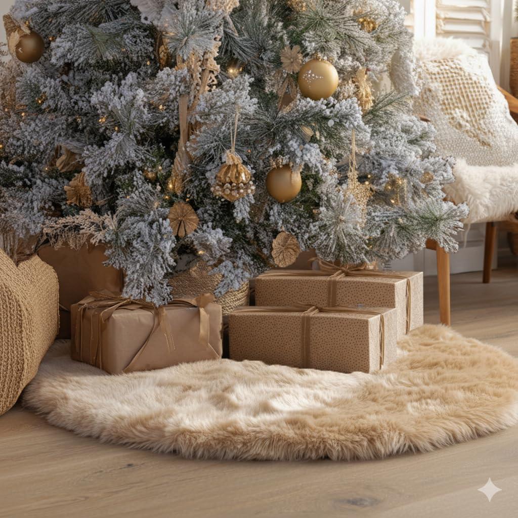 AISENO 48 Inch Christmas Tree Skirt - Beige Faux Fur Plush Holiday Decor for Xmas Tree, Festive Party, Home Decorations