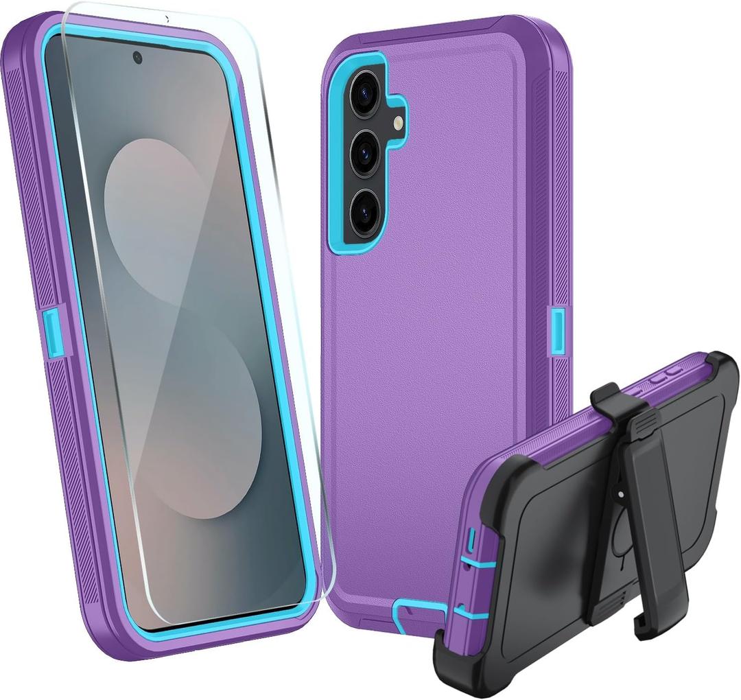 for Samsung Galaxy S25 FE Case, Heavy Duty case, [Belt Clip Holster] [Glass Screen Protector] [Military Grade Protective ] [Shockproof] [Dropproof] [Dust-Proof] (with Belt Clip, PurpleSky Blue)