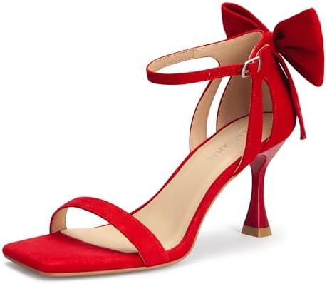 Carcuume Women's Square Toe Heels Bow Tie Ankle Strap Heel Sandals Open Toe Wedding Shoes, Size 9