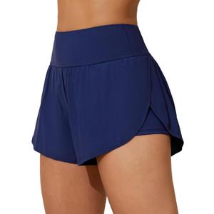 ATTRACO Women Swim Shorts Side Split Swim Trunk 2 in 1 Board Shorts with Pockets Swim Bottom (Blue, M)