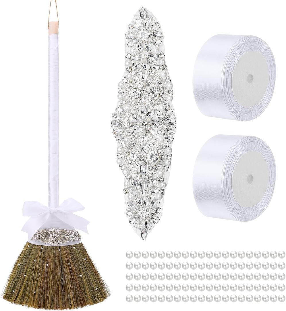 Yungyan Wedding Brooms for Jumping Ceremony DIY Bride Bridegroom 11.81 x 28.74 Inch Whisk Wedding Jumping Brooms with White Ribbons Artificial Pearl for African American Ceremony Crafts