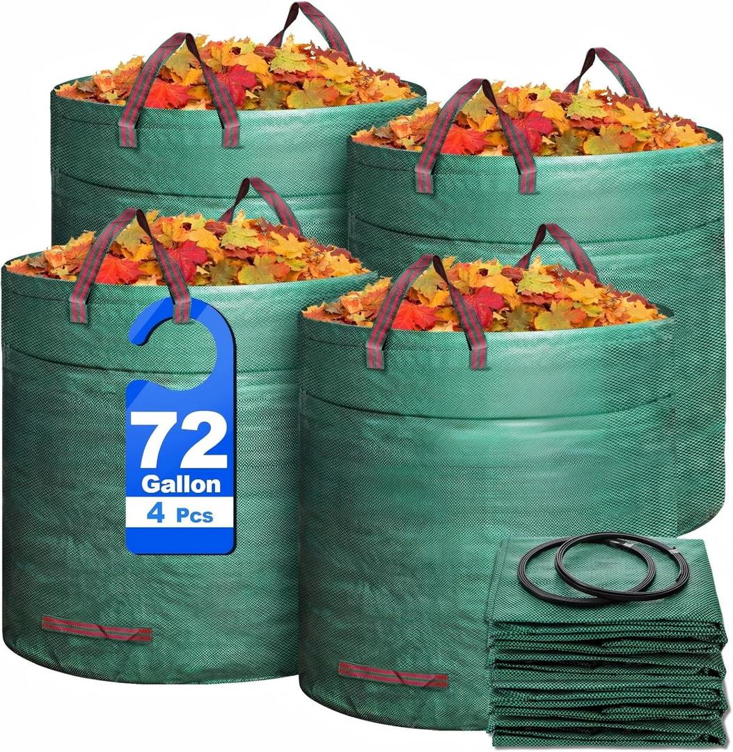 4 Pack 72 Gallons Reusable Yard Waste Bag, Large Lawn and Leaf Bags with 4 Reinforced Handles, Heavy Duty Large Garden Waste Bin Container for Leaves, Grass Clippings, Camping Yard Recycling