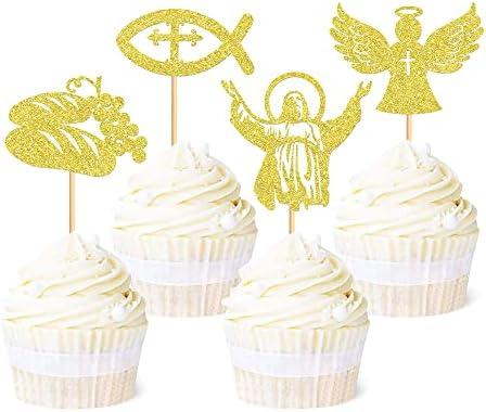 Ercadio 24 Pack Jesus Cupcake Toppers Gold Glitter Fish Bread Last Dinner Cupcake Picks Baptism Cross Cupcake Toppers Christian Religious Theme Party Baby Shower Birthday Cake Supplies