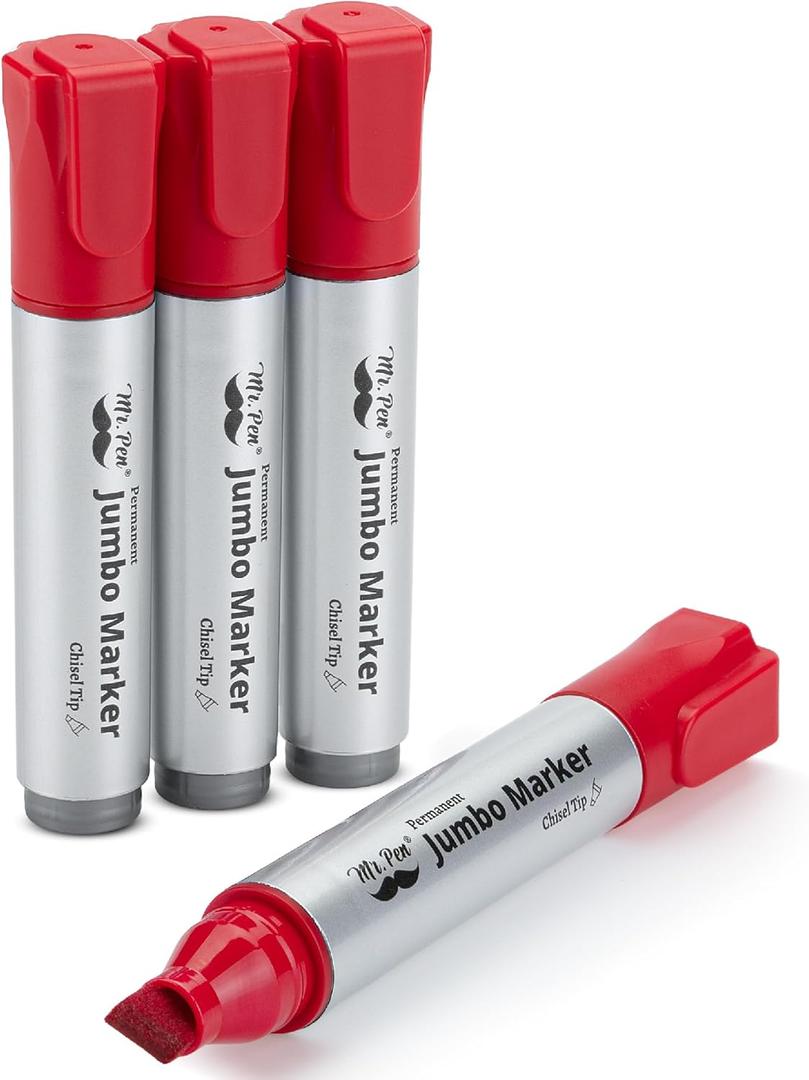 Mr. Pen- Jumbo Permanent Markers, 4 Pack, Red, Chisel Tip, Large Permanent Markers