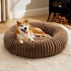 Bedsure ComfyFleece Donut Large Dog Bed - Washable Faux Fur with Corduroy Fleece & Anti Slip Bottom, Round Pet Bed with Removable Cover, Camel Brown, 36*36inches