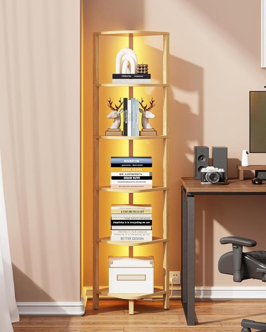 TUTOTAK Corner Shelf with LED Light, 6-Tier Corner Bookshelf for Small Space, Narrow Display Corner Shelf Stand with Storage Rack, for Living Room, Bedroom, Natural BS08BN006L