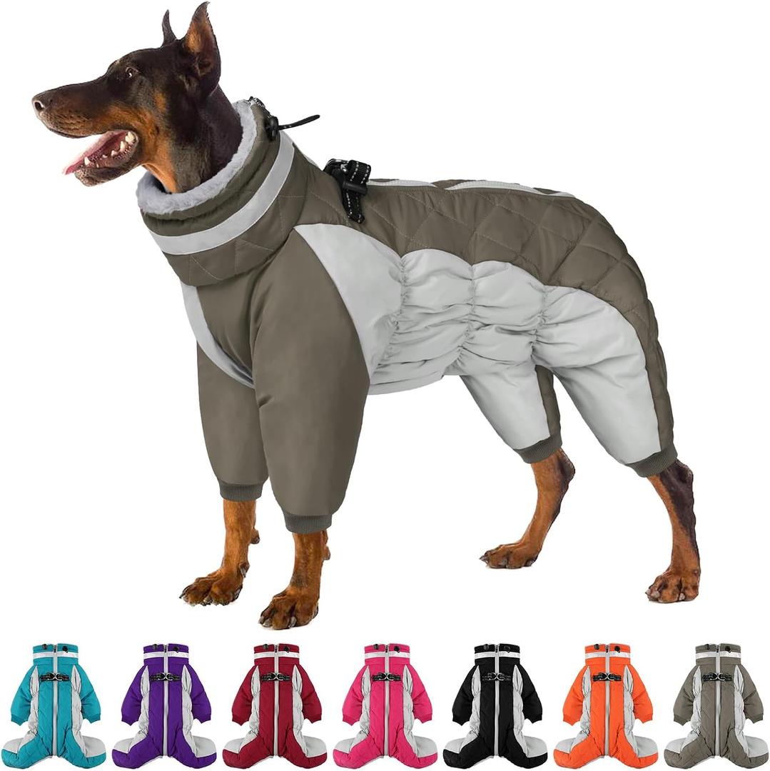 Full Body Dog Coat - Warm Fleece Jacket for Large Dogs, Turtleneck Winter Coats with Harness, Reflective Dog Snowsuit Windproof Puffer Jackets with Legs for French Bulldog, Army Green L