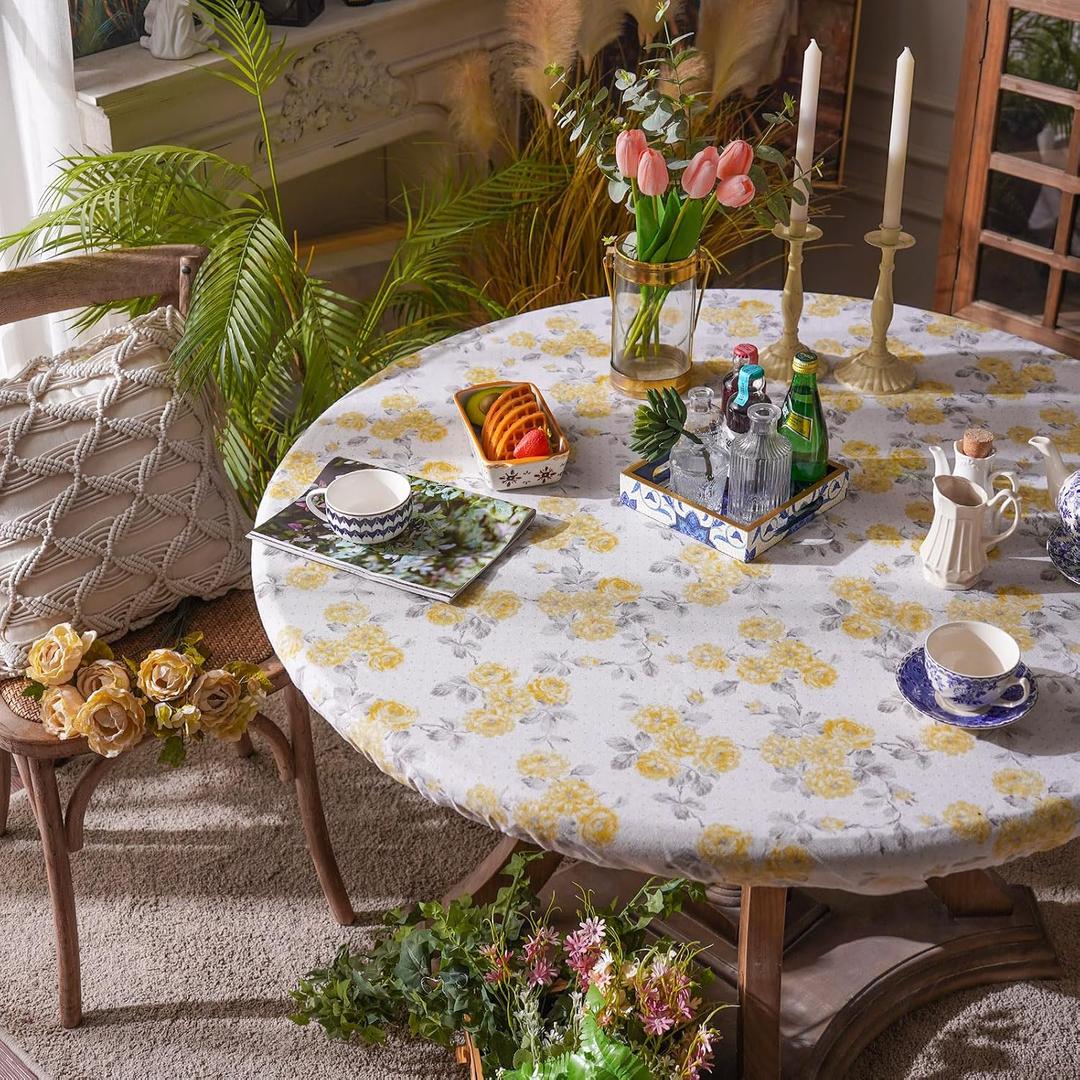 ARTABLE Round Fitted Tablecloth with Elastic Waterproof Oli Proof Table Cover Rustic Wipeable Table Protector for Home Picnic Outdoor (Yellow Flower, 60 Inch Round)