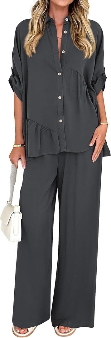 KIRUNDO Two Piece Sets for Women Summer Outfits 2025 Dressy Casual Half Sleeve Button Down Shirt Wide Leg Pants Lounge Set (X-Large, Dark Grey)